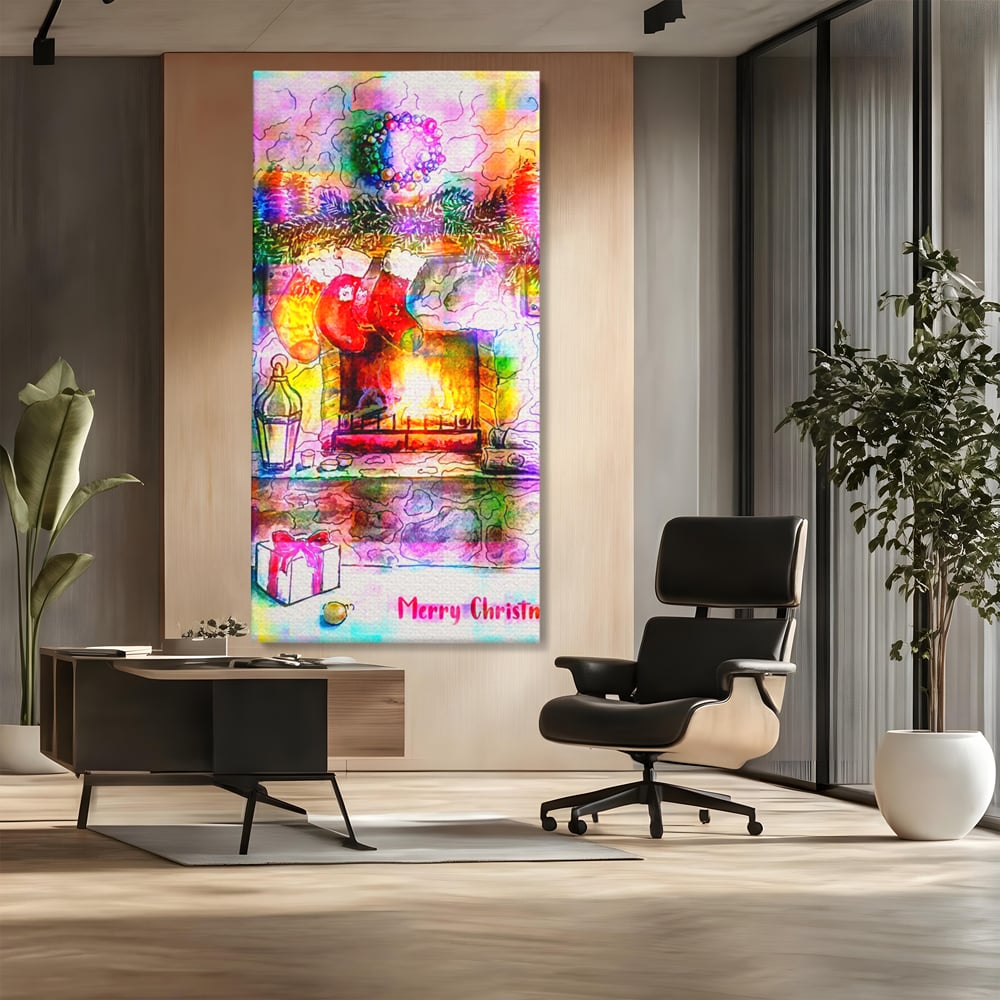 Tablou canvas cu tablou canvas cu peisaj festiv de craciun, fara rama, pe sasiu de lemn, pe perete intr-un birou